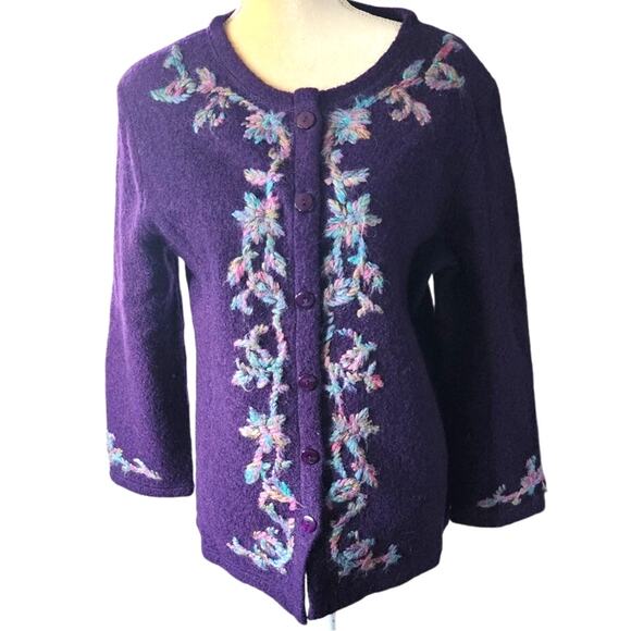 Cold Water Creek Purple Wool Mohair Button Down Embroidered Sweater Large - Picture 1 of 9